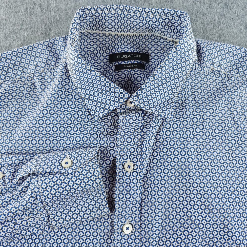 Bugatchi Shaped Fit Button Down Shirt Mens XL Blue Geometric Long Sleeve Cotton